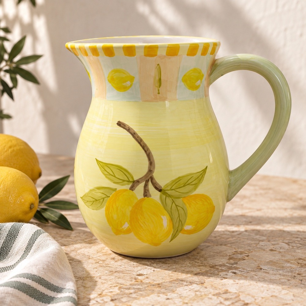 Sweet Olive Designs Lemon Ceramic Pitcher Yellow Hand Painted Fruit Farmhouse